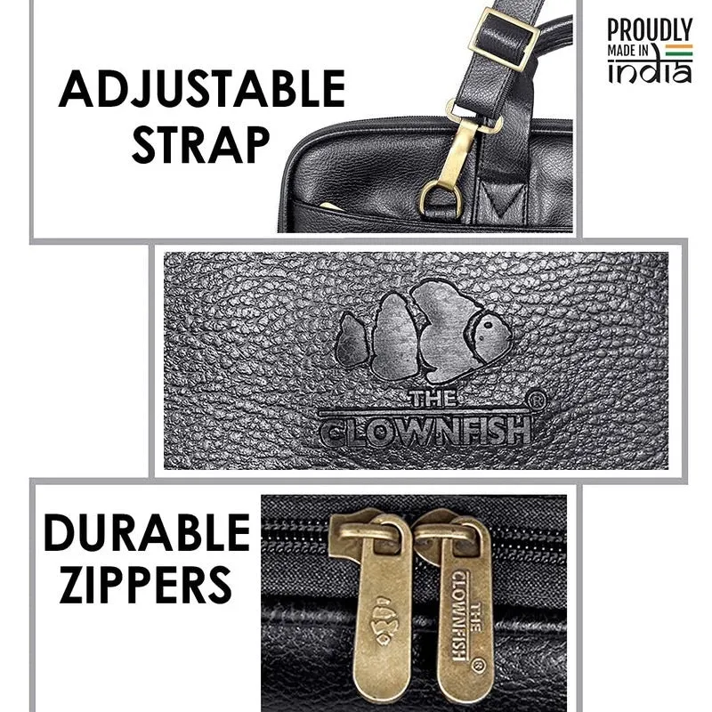 THE CLOWNFISH Glamour Faux Leather Slim Laptop Messenger Bag - Expandable Design | Padded Shoulder Strap | 12 inch | Black
